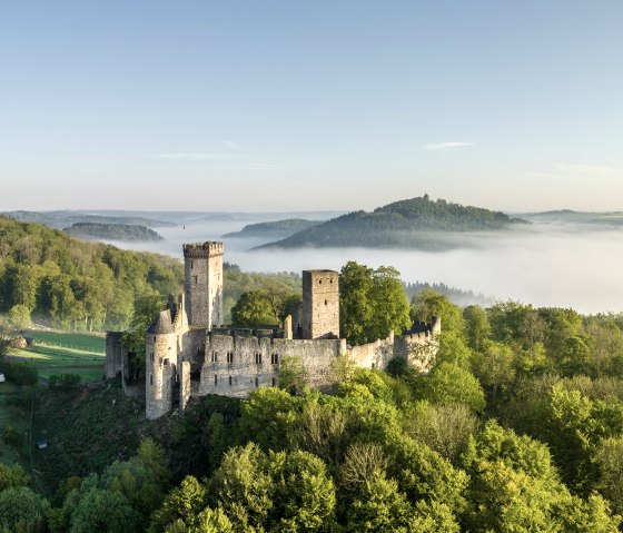 Vue aérienne du château de Kasselburg à Pelm, entouré de forêts verdoyantes. En arrière-plan, on aperçoit du brouillard au-dessus des collines., © Eifel Tourismus GmbH, Dominik Ketz Vue aérienne du château de Kasselburg à Pelm, entouré de forêts verdoyantes. En arrière-plan, on aperçoit du brouillard au-dessus des collines., © Eifel Tourismus GmbH, Dominik Ketz