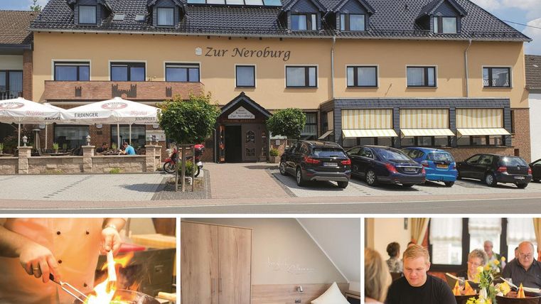 An inviting restaurant with a cozy terrace and a modern atmosphere. The image also shows culinary delights and satisfied guests.