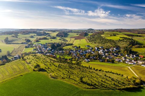 Eine malerische Landschaft mit einem kleinen Dorf inmitten von grünen Feldern und Hügeln. Der Himmel ist blau mit wenigen Wolken.