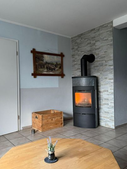 Ein gemütlicher Raum mit einem Holzkamin und einem modernen Ofen. An der Wand hängt ein großes Gemälde und auf dem Tisch steht eine kleine Pflanze.