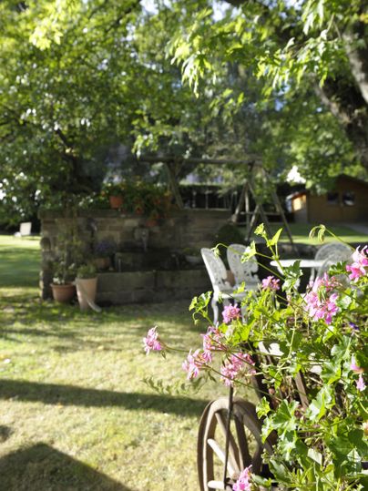 Eine grüne Wiese mit blühenden Pflanzen und einem alten Wagenrad. Im Hintergrund sind Bäume und eine gemütliche Sitzecke zu sehen.