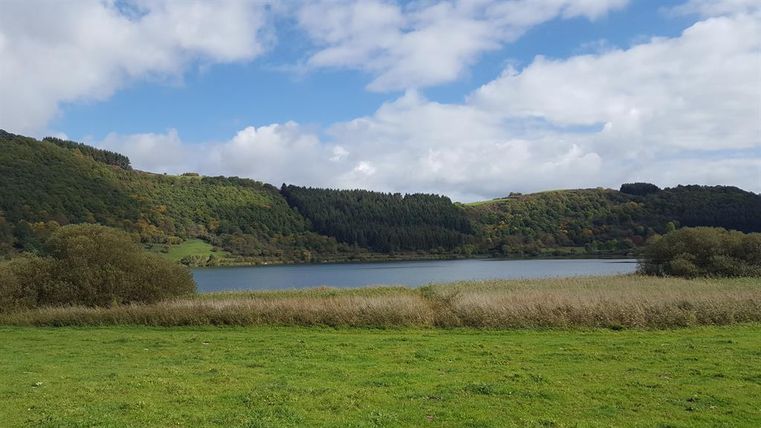 Ein ruhiger See umgeben von grünen Hügeln und Bäumen. Der Himmel ist teilweise bewölkt und es gibt viel Gras im Vordergrund.