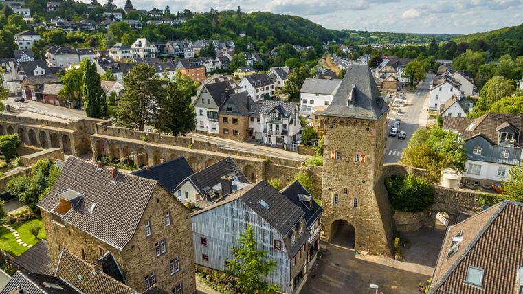Eine malerische Stadtansicht mit historischen Gebäuden und einem alten Turm. Umgeben von grünen Hügeln und einer ruhigen Atmosphäre.