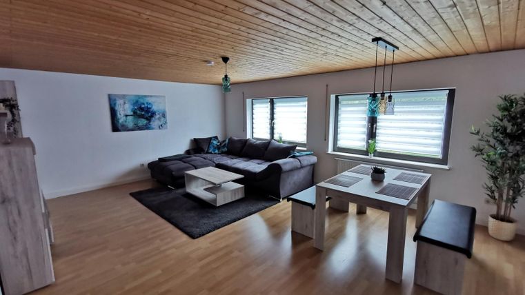 A modern living room with a cozy sofa and a dining table.
Large windows let in a lot of light and there is a plant in the corner.