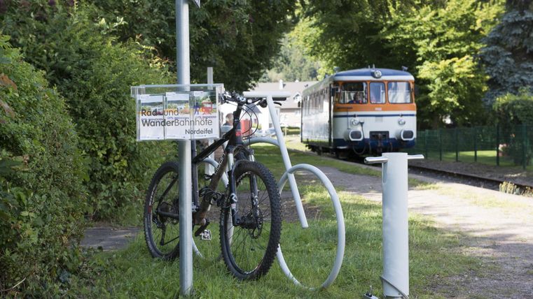 A bicycle is standing at a parking spot with a sign for the bike path. In the background, a train is passing by.