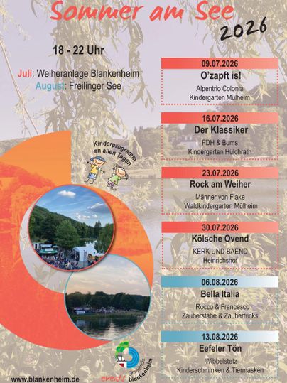 Ein Veranstaltungsplakat für den Sommer am See 2026. Es zeigt verschiedene Events in Blankenheim, darunter Musik und Kinderprogramme.