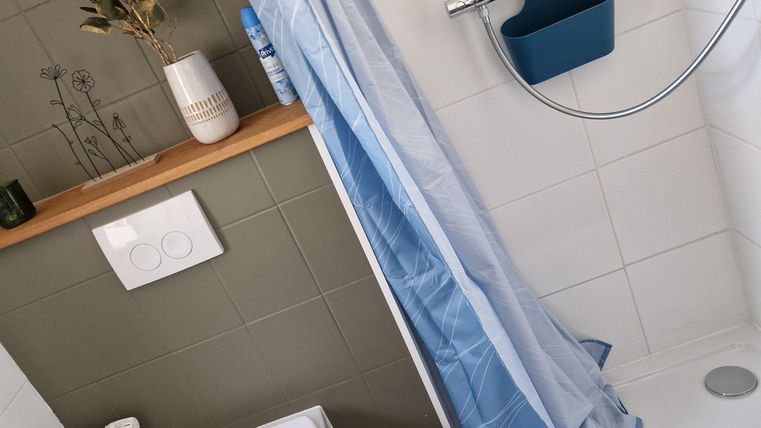 Een moderne badkamer met douchegedeelte en wc. De wanden zijn licht, en er is een houten plank met decoratieve elementen.