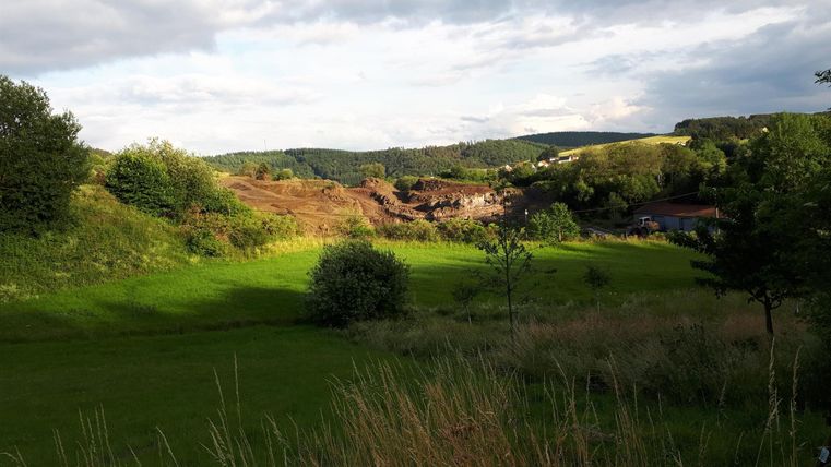 Eine grüne Landschaft mit sanften Hügeln und bewaldeten Bereichen. Der Himmel ist teilweise bewölkt und die Szenerie wirkt friedlich.