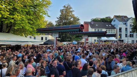 Een grote menigte verzamelt zich op een evenementenlocatie. Op de achtergrond zijn enkele gebouwen en bomen zichtbaar.