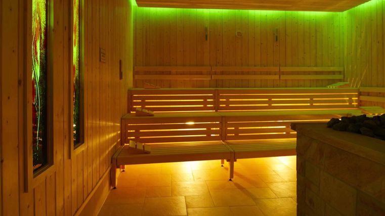 Een gezellige sauna met houten wanden en moderne lichteffecten. De banken zijn klaar voor ontspanning en herstel.