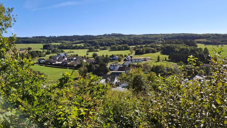 Eine malerische Landschaft mit ländlichen Häusern und grünen Feldern. Der Himmel ist klar und die Natur ist üppig.
