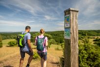 Zwei Wandernde mit Rucksäcken stehen auf einem Weg in einer weiten, grünen Hügellandschaft. Rechts markiert ein Holzpfosten den Eifelsteig und die EifelSpuren, im Hintergrund spannt sich ein weiter Himmel über die Landschaft.
