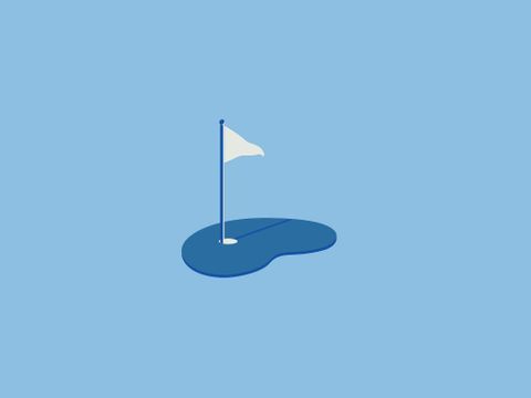 Ein einfaches grafisches Design eines Golflochs mit einer weißen Fahne auf einem blauen Hintergrund. Das Bild vermittelt eine ruhige und entspannte Atmosphäre.