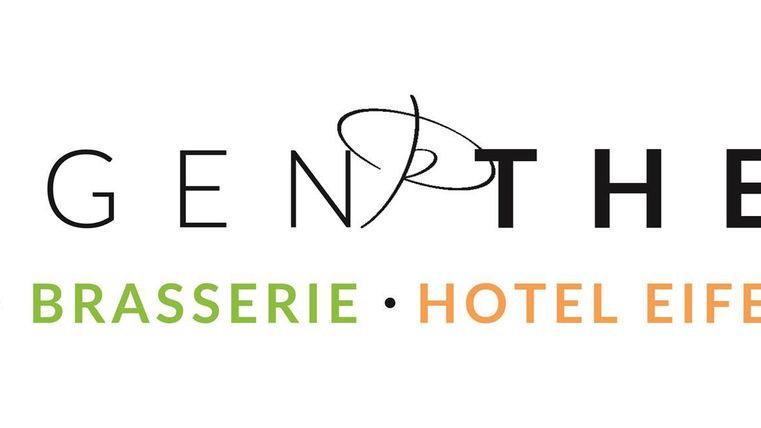 Ein Logo der Rötgen-Therme, das die verschiedenen Bereiche wie Saunadorf, Brasserie, Hotel Eifelsteig und Spa präsentiert. Die Farben sind sanft und ansprechend gestaltet.