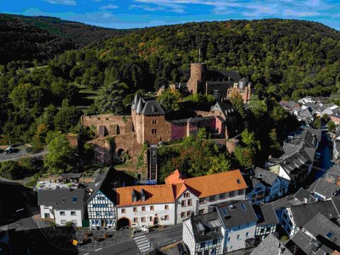 Eine malerische Landschaft mit einer alten Burg und charmanten Häusern. Grüne Wälder umgeben die Siedlung unter einem klaren blauen Himmel.