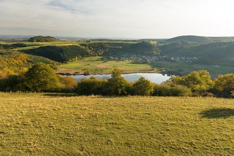 Eine malerische Landschaft mit sanften Hügeln und einem ruhigen See. Grüne Wiesen und Bäume umgeben die Szenerie.