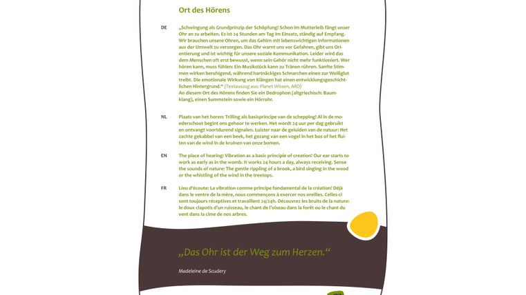 Ein Informationsblatt über das Thema "Ort des Hörens". Es enthält verschiedene Absätze und Leitlinien zur Wahrnehmung und Erfahrung des Hörens.