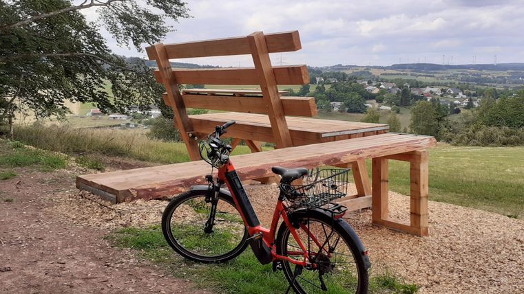 An oversized wooden bench stands on a hill overlooking a rural landscape. A bicycle leans against the bench.