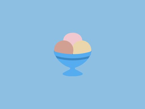 A bowl with three ice cream scoops in different colors. The background is light blue.