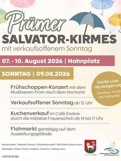 Ein farbenfrohes Plakat für das Prümer Salvator-Kirmes, das vom 7. bis 10. August 2026 stattfindet. Es enthält Informationen zu Veranstaltungen, einem Flohmarkt und einem verkaufsoffenen Sonntag.