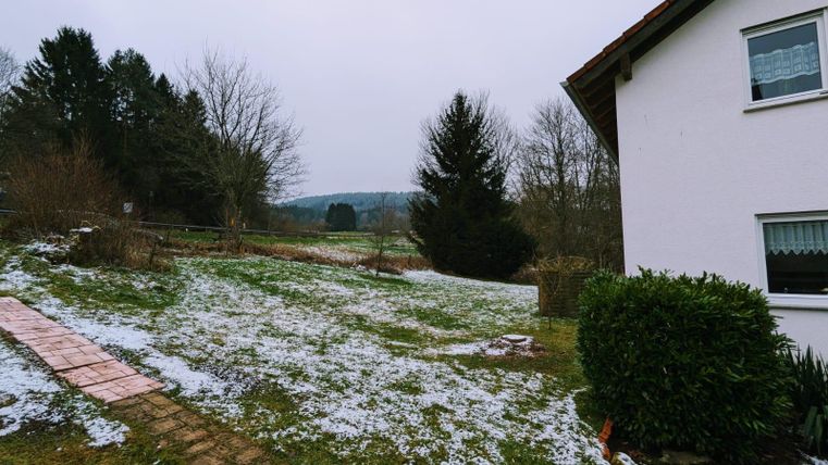 A tranquil garden with snow and bare trees. In the background, a hilly landscape under a gray sky can be seen.