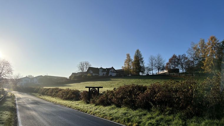 Een rustige landschap met een weg die door het groen voert. Op de achtergrond zijn charmante huizen en bomen zichtbaar, onder een heldere blauwe lucht.