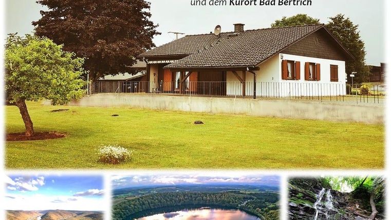 A beautiful holiday home in the Eifel, surrounded by green spaces. In the background, picturesque landscapes and landmarks are visible.
