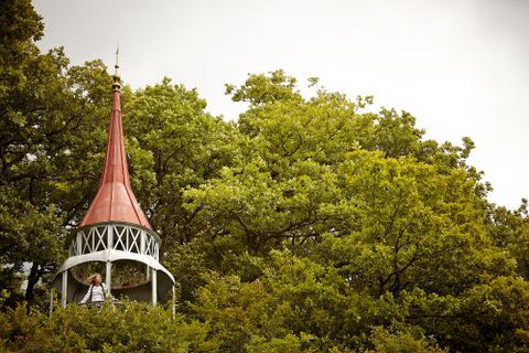 Ein schöner Pavillon mit einem roten Dach, umgeben von grünen Bäumen. Eine Person steht im Pavillon und genießt die Aussicht.