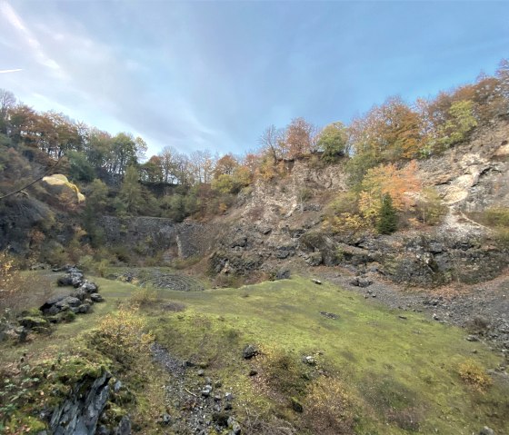 Herbstliche Landschaft mit Felsen und buntem Laub. Gr&uuml;ne Wiese im Vordergrund, B&auml;ume mit Herbstlaub auf den Felsen im Hintergrund., &copy; Touristik GmbH Gerolsteiner Land