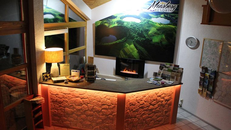 Ein Empfangsbereich mit einem modernen Tisch und einer gemütlichen Atmosphäre. An der Wand hängt ein großes Landschaftsbild und eine kleine Feuerstelle sorgt für Licht und Wärme.