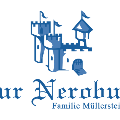 A logo of "Zur Neroburg" featuring a stylized castle and flags. The design is in blue and displays the family name Müllerstein.