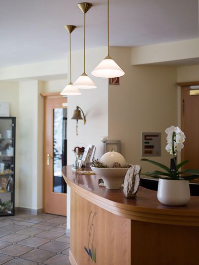 Ein Empfangsbereich mit einem Holzschalter und modernen Lampen. Im Hintergrund sind Pflanzen und ein Regal sichtbar.