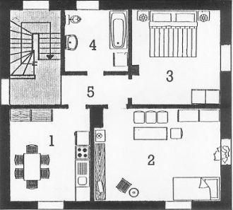 Een plattegrond van een huis die de verschillende kamers en hun indeling toont. De gebieden omvatten een woonkamer, een slaapkamer, een badkamer en een keuken.