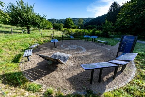 Ein kreativer Platz in der Natur mit mehreren Bänken und Informationstafeln. Umgeben von Bäumen und sanften Hügeln.