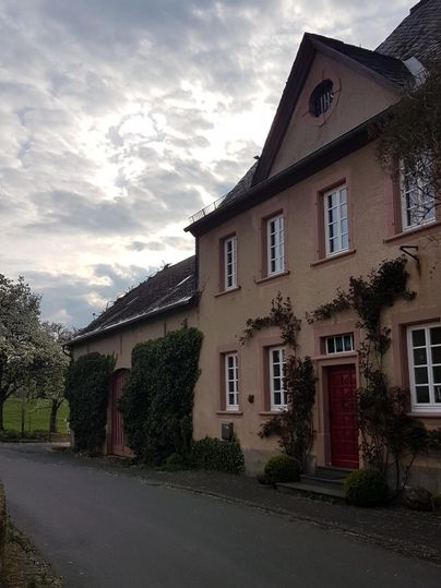 Ein charmantes Haus mit rosa Fassade und roten Türen liegt an einer ruhigen Straße. Im Hintergrund sind Wolken und Bäume zu sehen.