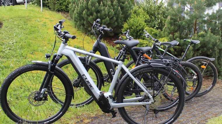 Three e-bikes are standing on a paved path. In the background, green bushes are visible.