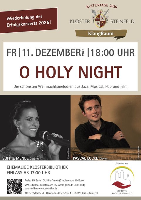 Ein Plakat für ein Weihnachtskonzert mit dem Titel „O Holy Night“. Die Veranstaltung findet am 19. Dezember um 18:00 Uhr statt und präsentiert Weihnachtsmelodien aus Jazz, Musical, Pop und Film.
