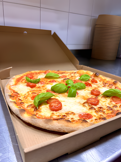 Eine frisch gebackene Pizza mit Tomaten und Basilikum in einer Verpackung. Die Pizza hat einen goldbraunen Rand und geschmolzenen Käse.