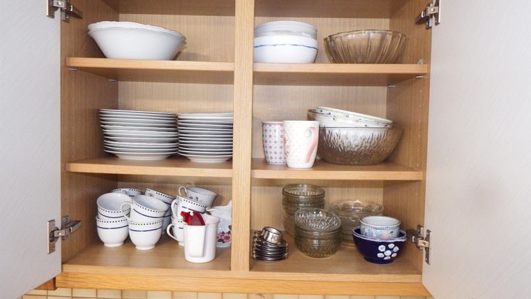 An open kitchen cabinet with various dishware pieces. Plates, bowls, and glasses are neatly arranged.