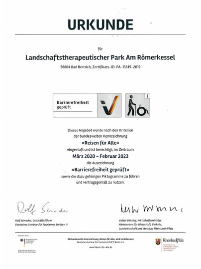 Eine Urkunde für den Landschaftstherapeutischen Park Am Rönerkessel. Das Dokument bestätigt Teilnahme an einem Projekt von März 2020 bis Februar 2021.