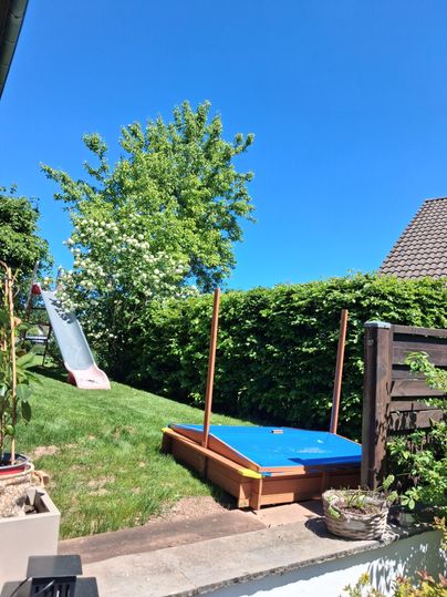 A sunny garden with a slide and a blue play platform. In the background stands a green tree and the sky is blue.