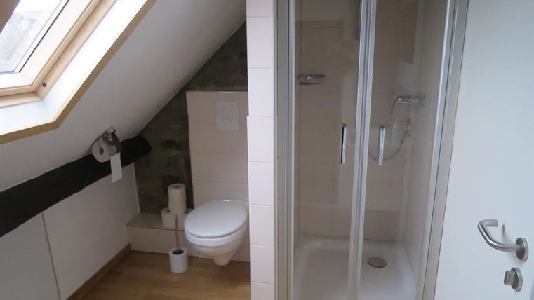 Een moderne badkamer op de zolder met douche en WC. De muren zijn licht en de houten vloeren geven een gezellige sfeer.