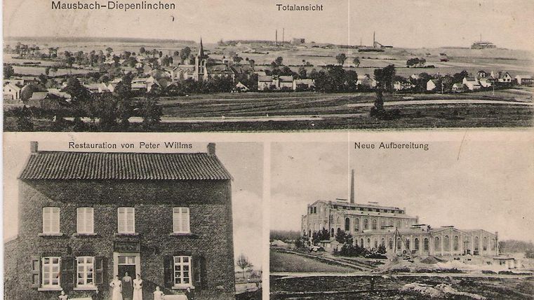 A historical postcard featuring views of Mausbach-Diepenlinchen. At the top is an overall view of the town, on the bottom left is the restaurant of Peter Wilms, and on the bottom right is a new preparation.