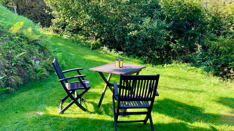 Ein ruhiger Garten mit einem Tisch und zwei schwarzen Stühlen. Die Sonnenstrahlen scheinen auf das grüne Gras und die umgebenden Pflanzen.