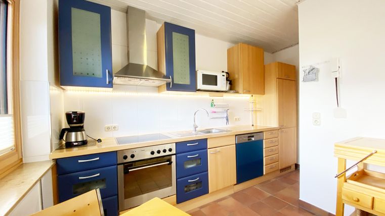 Eine moderne Küche mit Holz- und blauen Küchenschränken. Der Raum ist hell und gut ausgestattet mit einem Herd, einer Mikrowelle und einem Kaffeeautomaten.