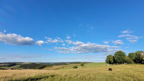 Eine weite Landschaft mit sanften Hügeln und einem klaren blauen Himmel. Einige Wolken schweben über den Feldern und Bäumen.