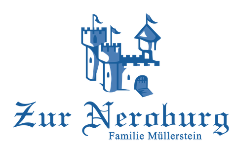 Een logo van "Zur Neroburg" met een gestileerd kasteel en vlaggen. Het ontwerp is in blauw uitgevoerd en toont de achternaam Müllerstein.