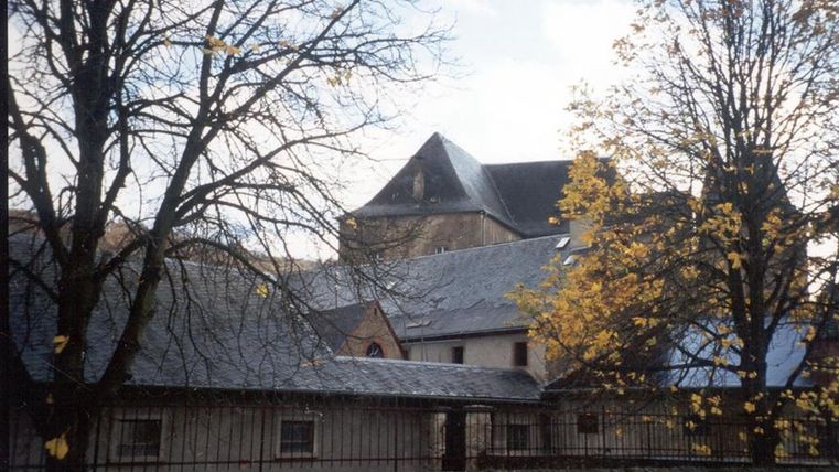 Die Unterburg Lissingen im Herbst, umgeben von kahlen und teils gelb belaubten Bäumen. Das Gebäude hat ein markantes Dach.