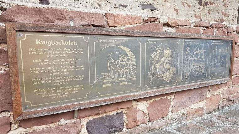 Ein historisches Schild mit Informationen über den Krugbuckofen. Es zeigt verschiedene Abbildungen und Beschreibungen zur Geschichte der Anlage.
