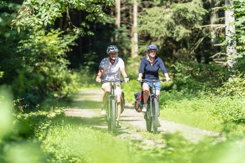 Zwei Radfahrerinnen fahren auf einem Waldweg. Die Umgebung ist grün und sonnig, ideal für eine entspannte Fahrradtour.